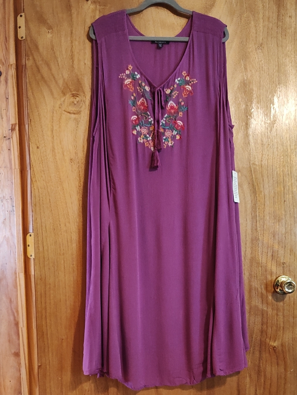 NWT Roaman's Embroidered Sundress Violet Crepe Tie Neck Tassels Floral 34/36 4X
